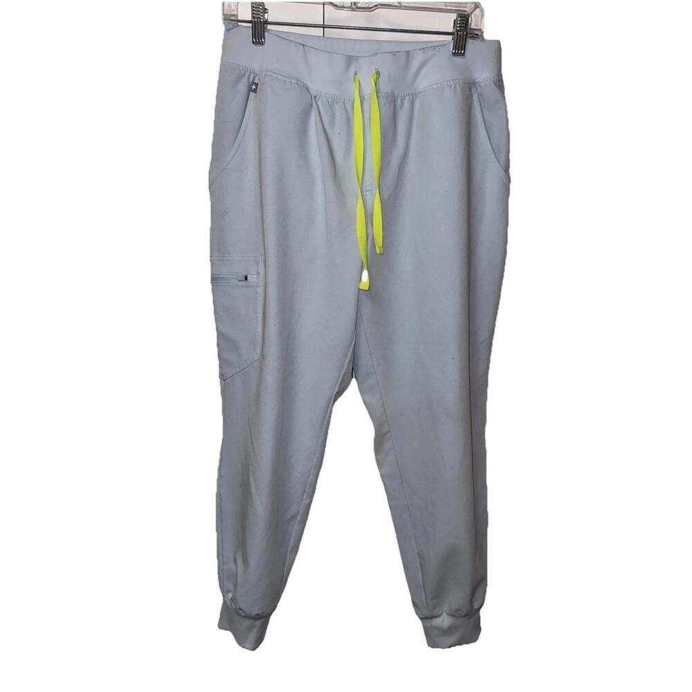 FIGS Zamora Jogger scrub pants Sz L Technical Blue Slate Yellow Drawstrings Flaw